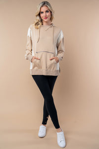 White Birch Color Block Hooded Pullover Top in Sand Cream