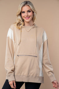 White Birch Color Block Hooded Pullover Top in Sand Cream