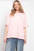 BlueVelvet Thermal Star Patched and Beaded Top in Pink-White