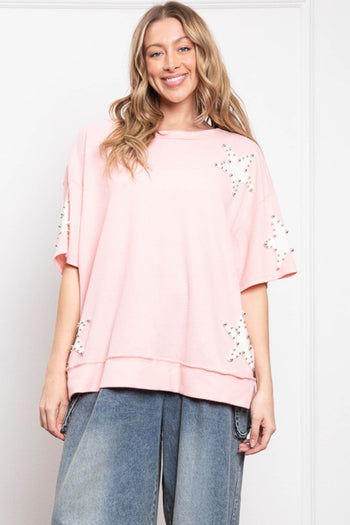 BlueVelvet Thermal Star Patched and Beaded Top in Pink-White