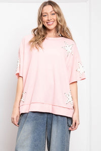 BlueVelvet Thermal Star Patched and Beaded Top in Pink-White