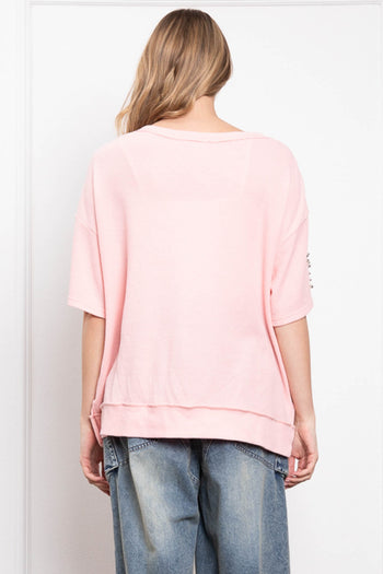 BlueVelvet Thermal Star Patched and Beaded Top in Pink-White