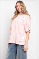 BlueVelvet Thermal Star Patched and Beaded Top in Pink-White