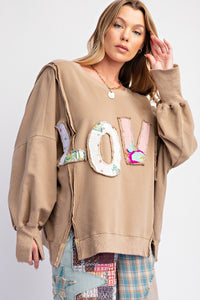 Easel " LOVE " Patched Terry Knit Top in Mocha