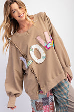 Load image into Gallery viewer, Easel &quot; LOVE &quot; Patched Terry Knit Top in Mocha
