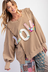 Easel " LOVE " Patched Terry Knit Top in Mocha