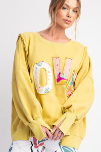 Easel " LOVE " Patched Terry Knit Top in Matcha ON ORDER