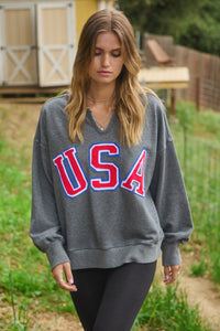 Oddi Solid Color French Terry Top with USA Patches in Heather Charcoal