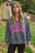 Load image into Gallery viewer, Oddi Solid Color French Terry Top with USA Patches in Heather Charcoal
