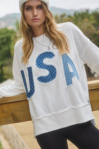 Oddi Solid Color Top with Star Print USA Patches in White