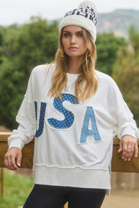 Oddi Solid Color Top with Star Print USA Patches in White