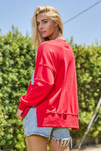 Oddi Solid Color Top with Star Print USA Patches in Red