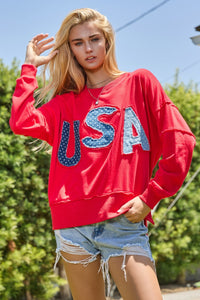 Oddi Solid Color Top with Star Print USA Patches in Red