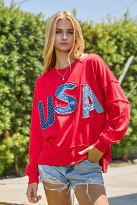 Oddi Solid Color Top with Star Print USA Patches in Red