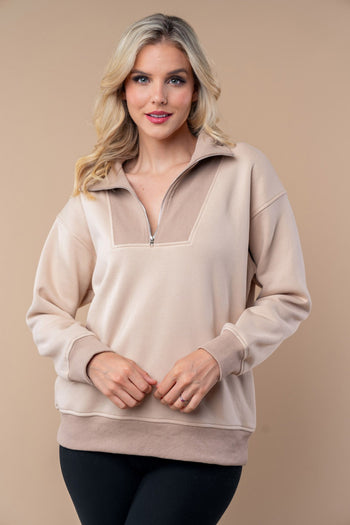 White Birch Half Zip Front Pullover Top in Sand