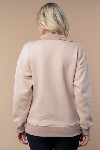 White Birch Half Zip Front Pullover Top in Sand