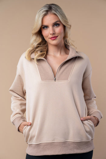 White Birch Half Zip Front Pullover Top in Sand