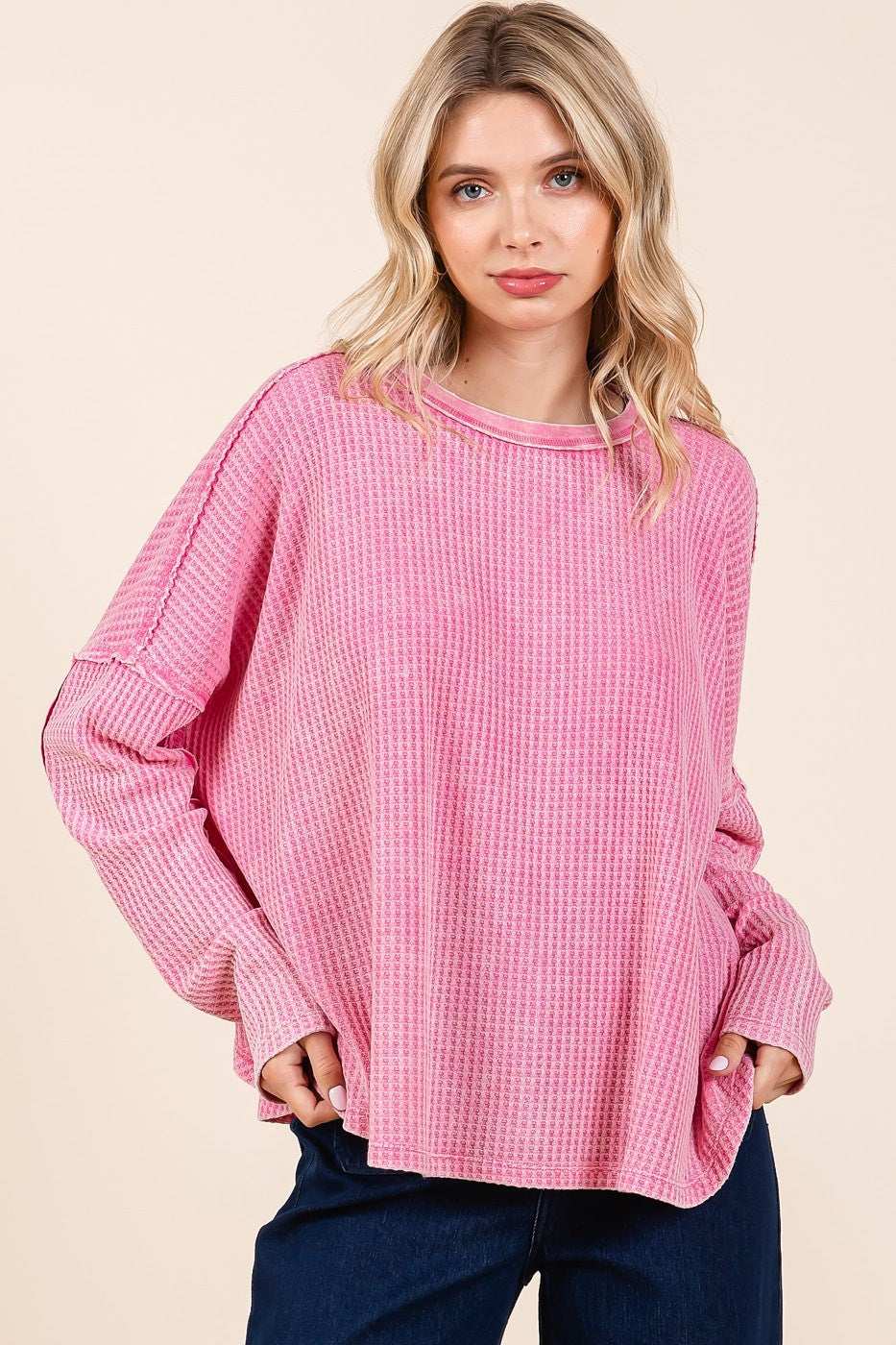 Mittoshop OVERSIZED Thermal Waffle Knit Top in Barbie Pink