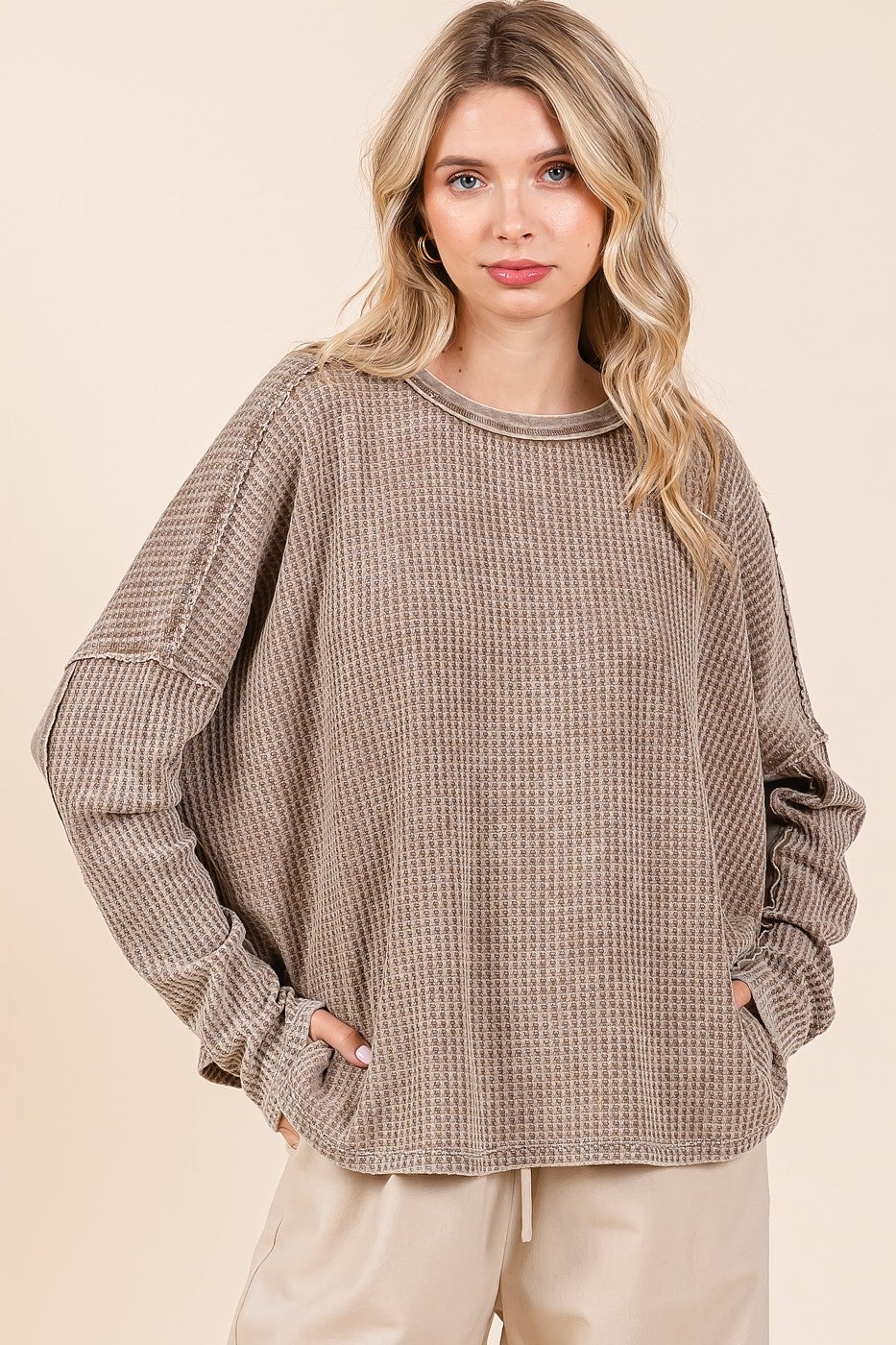 Mittoshop OVERSIZED Thermal Waffle Knit Top in Ash Brown