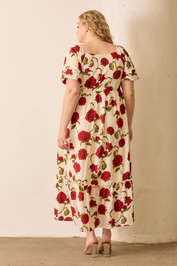 Polagram Big Rose Print Woven Maxi Dress in Cream/Red 1XL Polagram Big Rose Print Woven Maxi Dress in Cream/Red 1XL