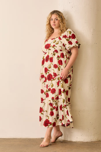 Polagram Big Rose Print Woven Maxi Dress in Cream/Red