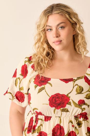Polagram Big Rose Print Woven Maxi Dress in Cream/Red 1XL Polagram Big Rose Print Woven Maxi Dress in Cream/Red 1XL