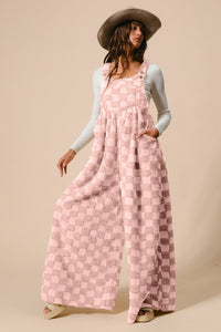 BiBi Checker Print Sherpa Wide Leg Overalls in Dusty Pink/Blush