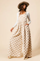 BiBi Checker Print Sherpa Wide Leg Overalls in Ivory/Latte