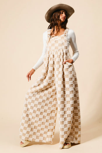 BiBi Checker Print Sherpa Wide Leg Overalls in Ivory/Latte