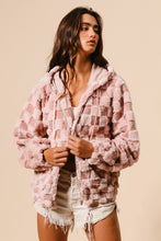 Load image into Gallery viewer, BiBi Checkered Pattern Zip Up Front Sherpa Hoodie in Dusty Pink/Blush
