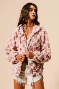 BiBi Checkered Pattern Zip Up Front Sherpa Hoodie in Dusty Pink/Blush