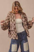 Load image into Gallery viewer, BiBi Checkered Pattern Zip Up Front Sherpa Hoodie in Mocha/Latte
