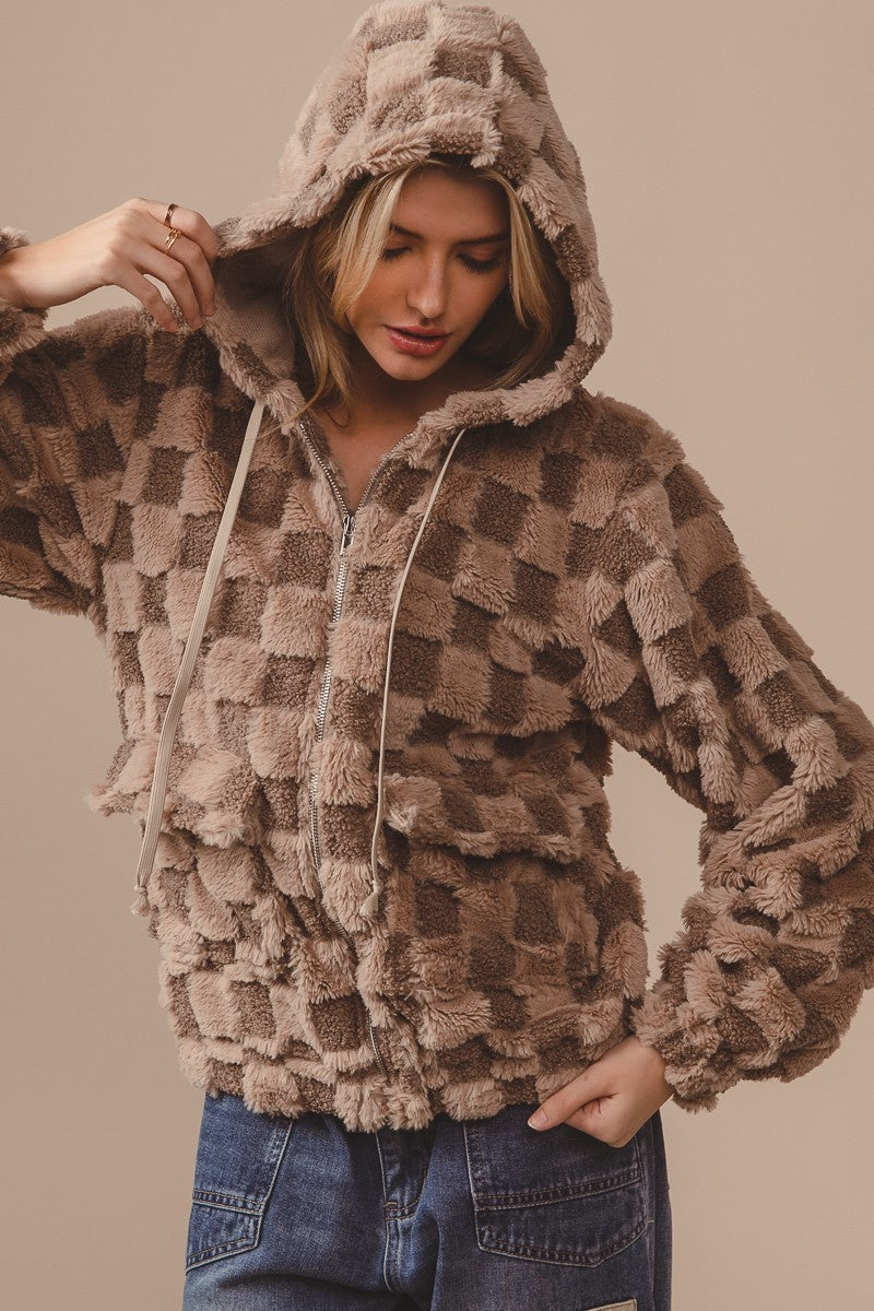 BiBi Checkered Pattern Zip Up Front Sherpa Hoodie in Mocha/Latte