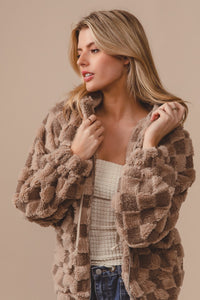 BiBi Checkered Pattern Zip Up Front Sherpa Hoodie in Mocha/Latte