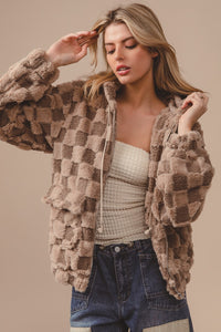 BiBi Checkered Pattern Zip Up Front Sherpa Hoodie in Mocha/Latte