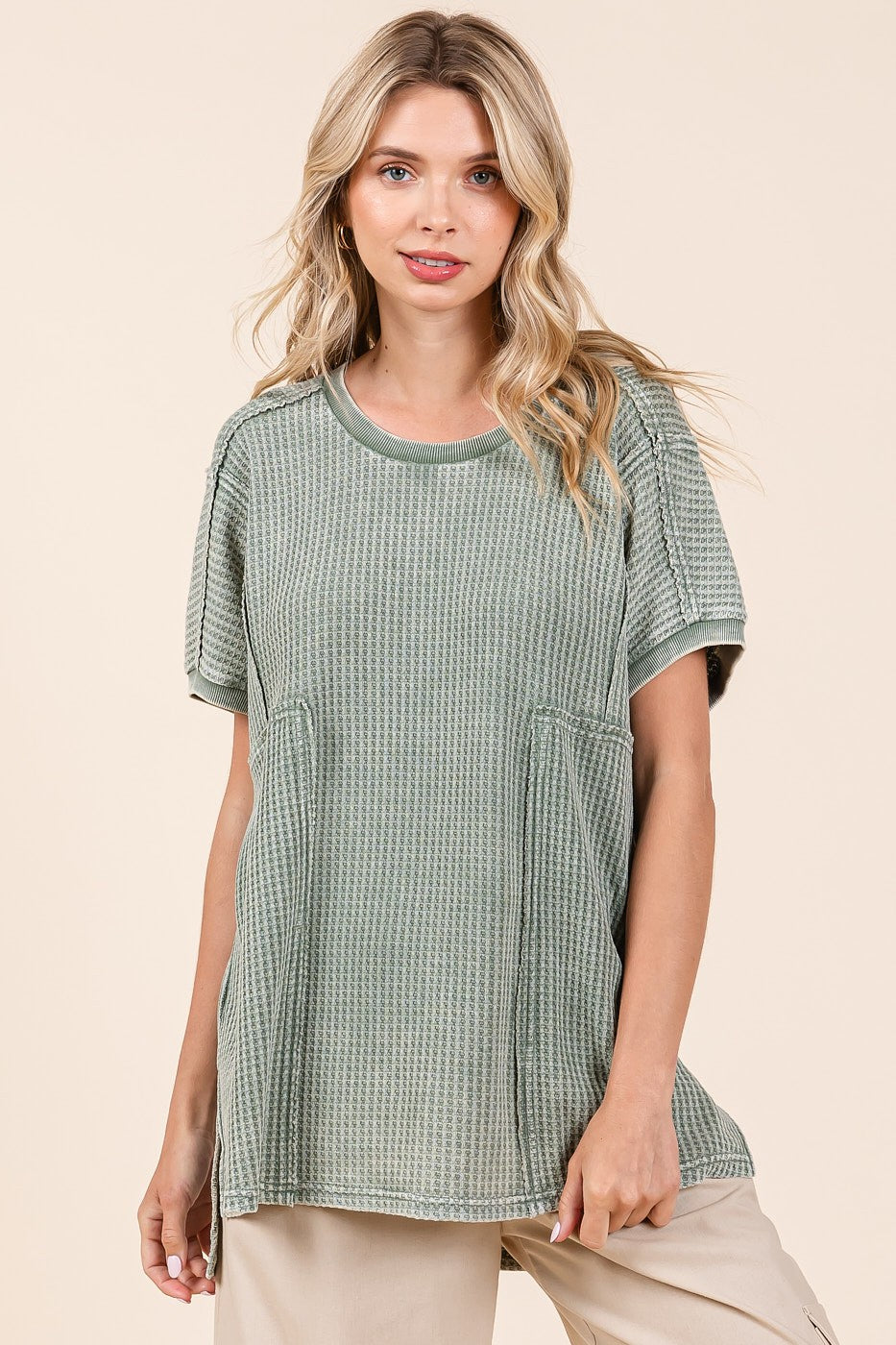 Mittoshop Mineral Washed Waffle Knit Tunic Top in Matcha