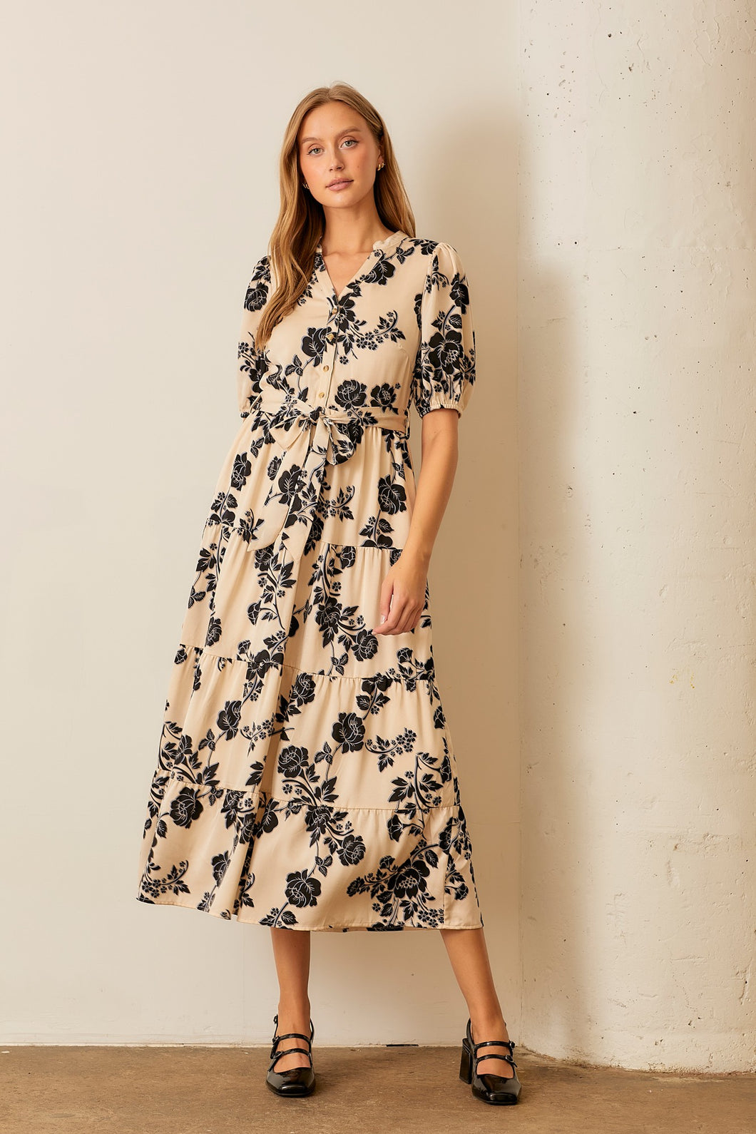 Polagram Two Toned Floral Print Maxi Dress in Cream Multi