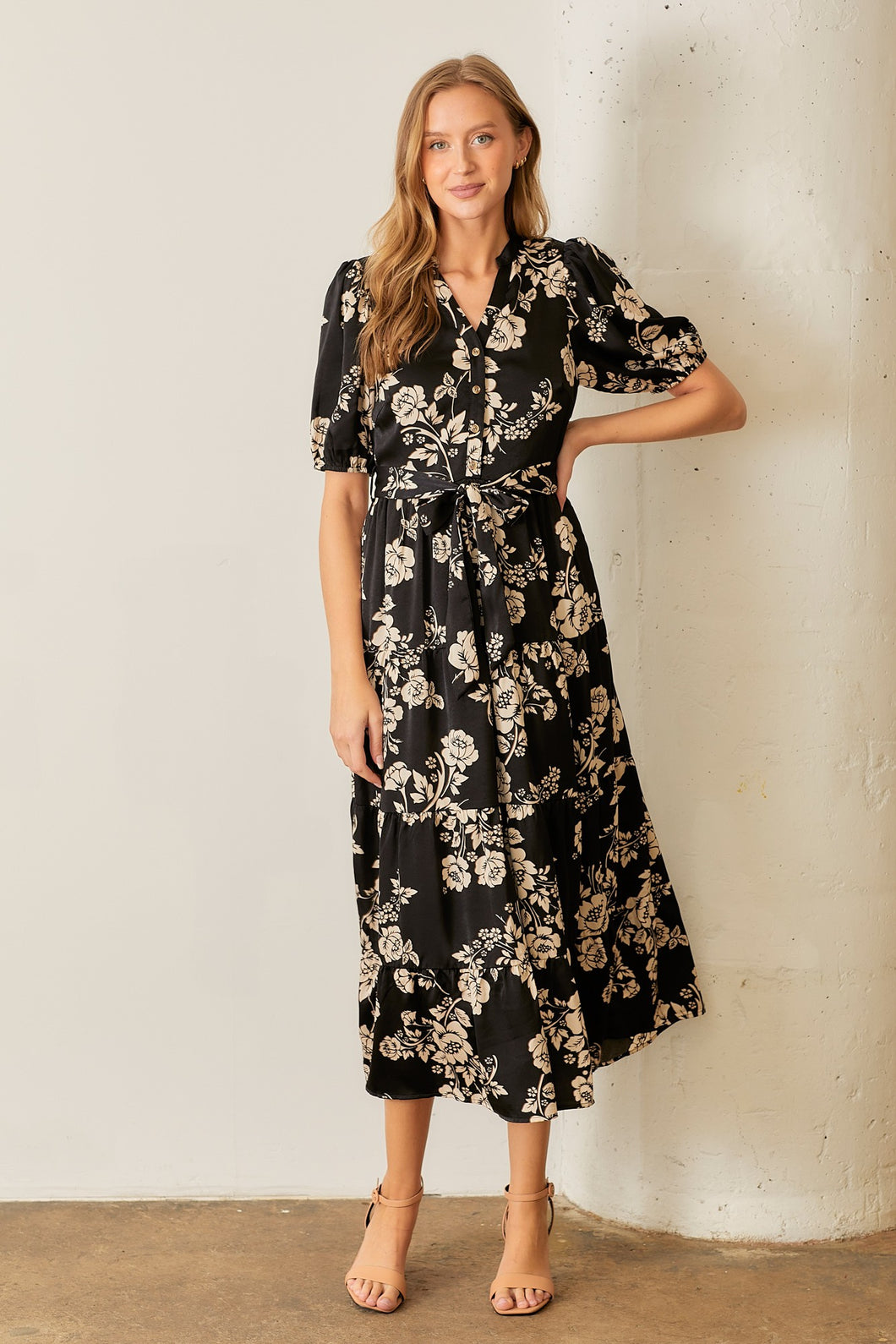 Polagram Two Toned Floral Print Maxi Dress in Black Multi June Adel Polagram Two Toned Floral Print Maxi Dress in Black Multi June Adel