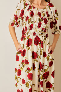 Polagram Big Rose Print Midi Dress in Cream/Red