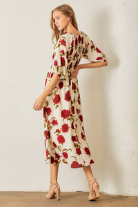 Polagram Big Rose Print Midi Dress in Cream/Red