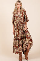 Mittoshop Abstract Leaf Print  Maxi Dress in Coffee