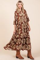 Mittoshop Abstract Leaf Print  Maxi Dress in Coffee