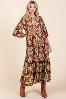 Mittoshop Abstract Leaf Print  Maxi Dress in Coffee