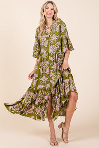 Mittoshop Abstract Leaf Print  Maxi Dress in Green Tea