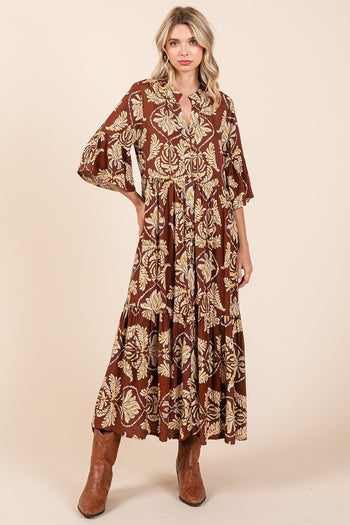 Mittoshop Abstract Leaf Print  Maxi Dress in Coffee