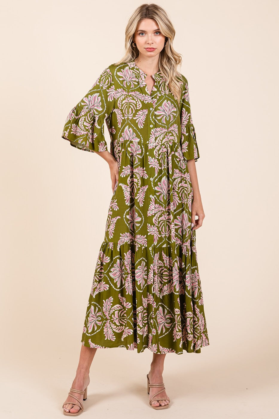 Mittoshop Abstract Leaf Print  Maxi Dress in Green Tea