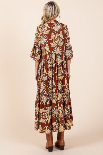 Mittoshop Abstract Leaf Print  Maxi Dress in Coffee