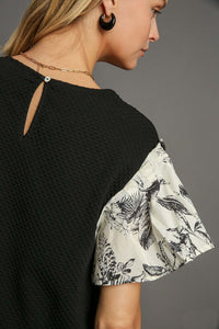 Umgee Solid Color Knit Top with Contrasting Print Sleeves in Black