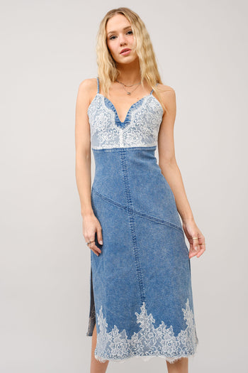 Blue B Denim and Lace Cami Top Midi Dress in Denim White