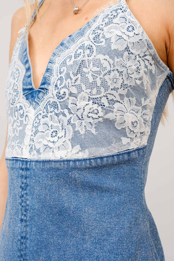 Blue B Denim and Lace Cami Top Midi Dress in Denim White